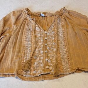 American Eagle Outfitters Tan Embroidered Blouse